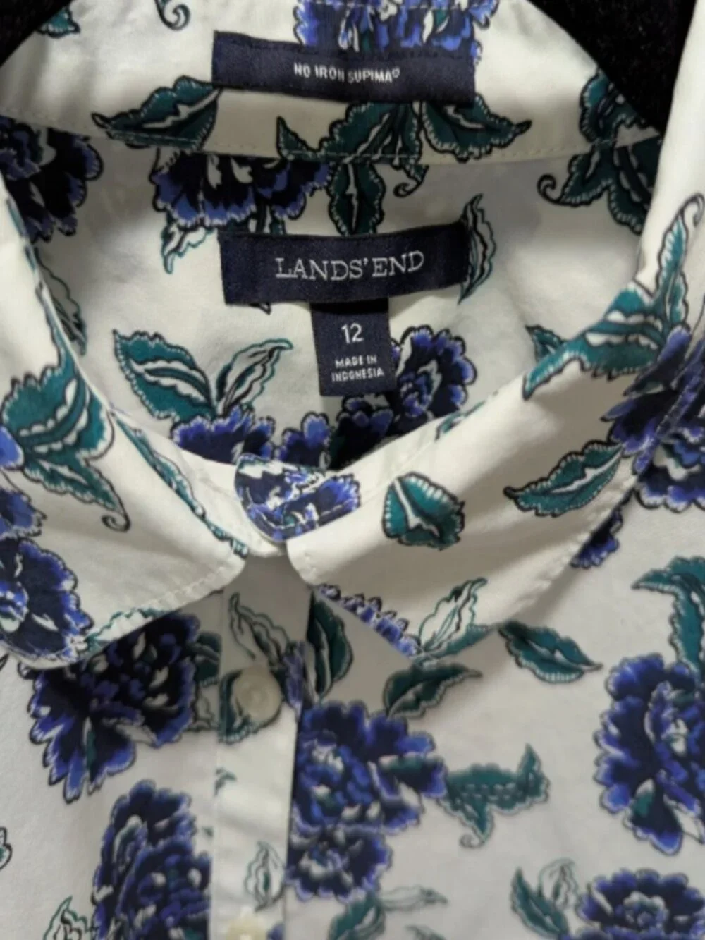 Lands' End Women's 3/4 Sleeve Blue/White Floral Blouse NO IRON Supima Size 12